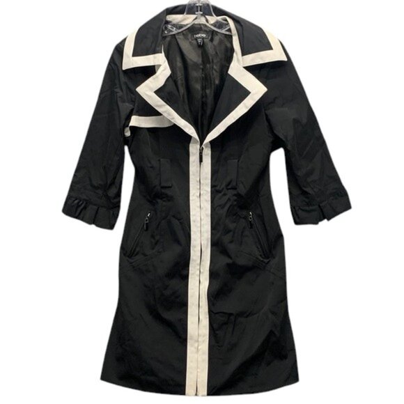 Bebe Trench Coat Women’s S‎ Black White MOD Colorblock Long Belted Jacket - Picture 1 of 16